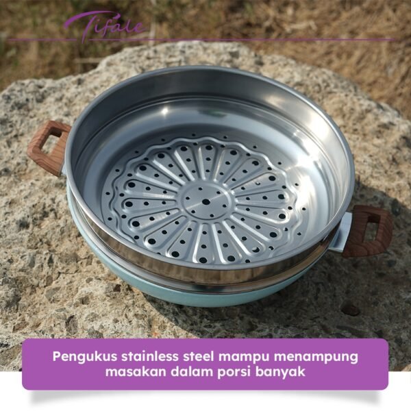 Wokpan Diameter 32cm Glass Lid Granite Steamer Non Stick Dandang Steamer Kukus Siomay dan Bakpao 2in 1 + Tutup Panci Mpasi