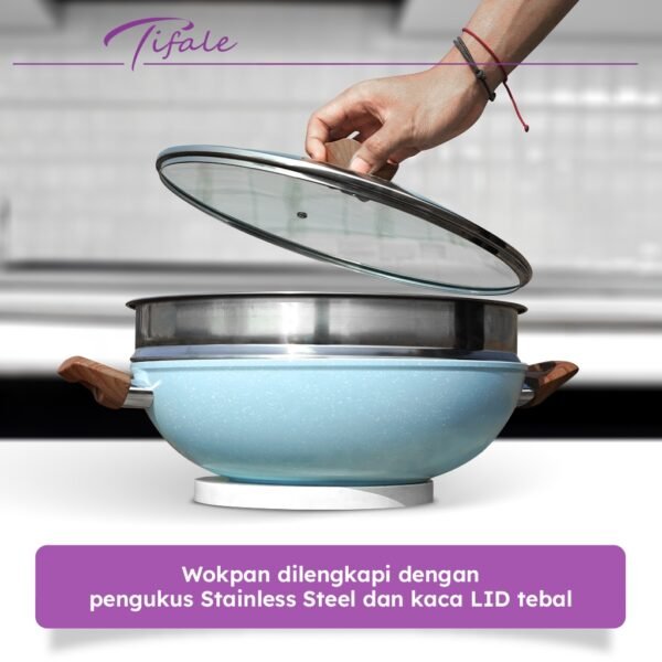 Wokpan Diameter 32cm Glass Lid Granite Steamer Non Stick Dandang Steamer Kukus Siomay dan Bakpao 2in 1 + Tutup Panci Mpasi