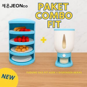 PAKET COMBO FIT Tudung Saji 4 Susun Food Grade & Dispenser Beras Modern Tempat Penyimpanan Beras