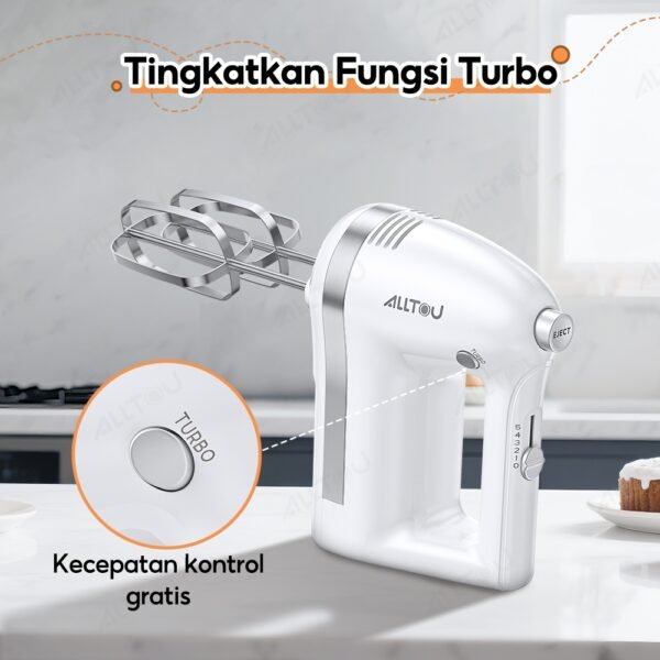 ALLTOU Hand Mixer Fungsi Turbo Pengaduk 5 Kecepatan / Hand Mixer Free 6 Buah Alat Pengocok Putih