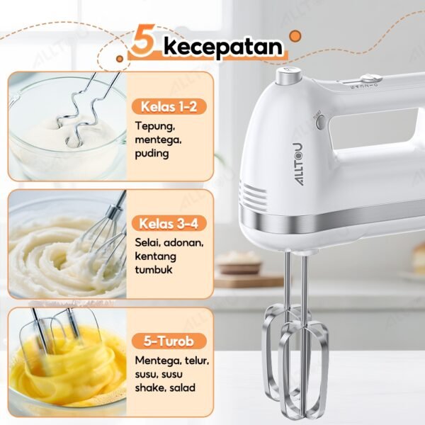 ALLTOU Hand Mixer Fungsi Turbo Pengaduk 5 Kecepatan / Hand Mixer Free 6 Buah Alat Pengocok Putih