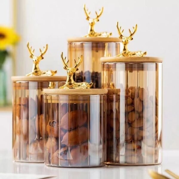 Stoples Biskuit Kedap Udara Kaca Bening Emas dengan Tutup Kayu / Wadah Makanan Serbaguna / Wadah Penyimpanan Makanan Emas / Stoples Kaca / Wadah Kedap Udara /Lebaran Toples