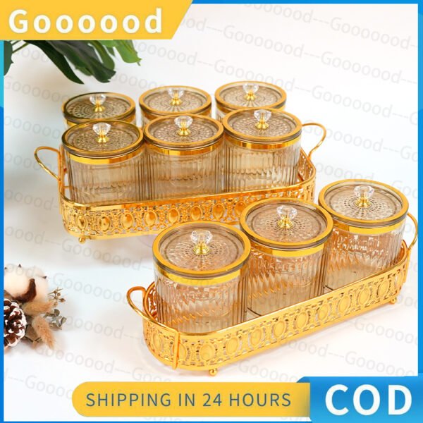 Set 3 buah/Set 4buah/set 6 buah/set toples stoples bersegel plastik palet mewah/toples penyimpanan makanan/toples penyimpanan kue dapur/toples set emas/baki nampan mewah