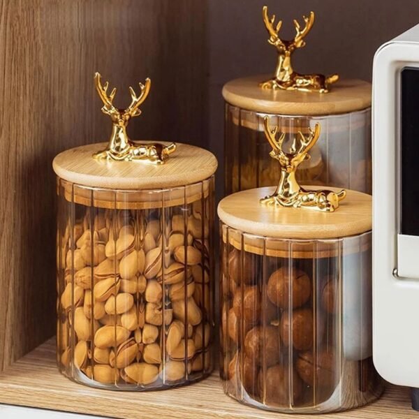 Stoples Biskuit Kedap Udara Kaca Bening Emas dengan Tutup Kayu / Wadah Makanan Serbaguna / Wadah Penyimpanan Makanan Emas / Stoples Kaca / Wadah Kedap Udara /Lebaran Toples