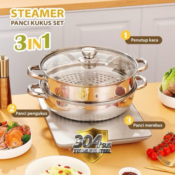 Panci Steamer Kukusan 2 Susun Stainless Steel Tebal Anti Lengket High Quality