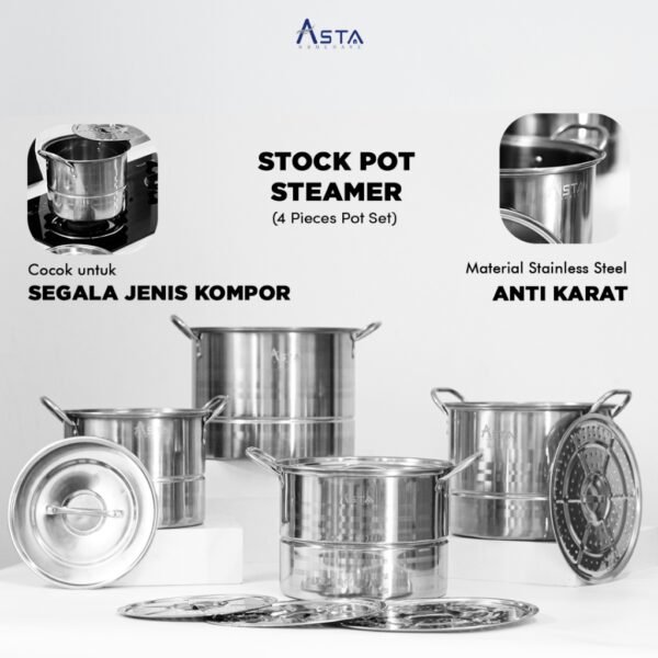 Dandang Kukus - Stainless Steel - Panci Kukusan + Tutup - Tebal Lengkap Set 4 pcs | Asta Homeware