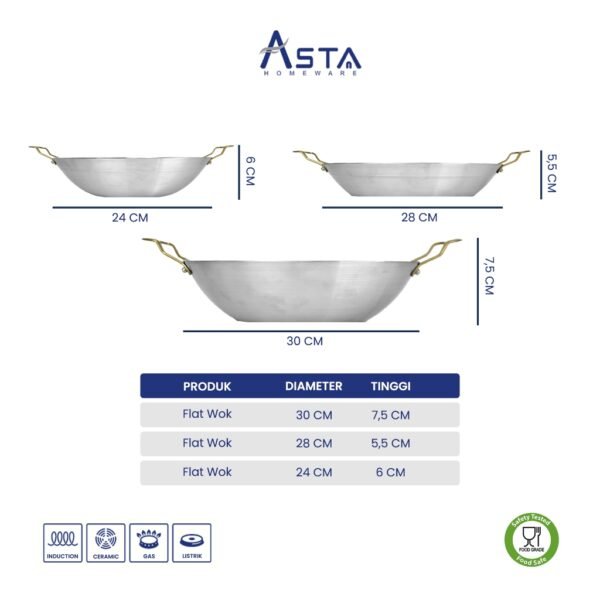 Wajan Stainless Steel - Flat Wok Tahan Karat - Tebal Food Grade 24 28 30 cm | Asta Homeware