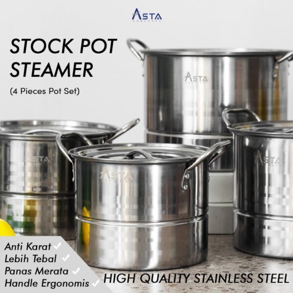 Dandang Kukus - Stainless Steel - Panci Kukusan + Tutup - Tebal Lengkap Set 4 pcs | Asta Homeware