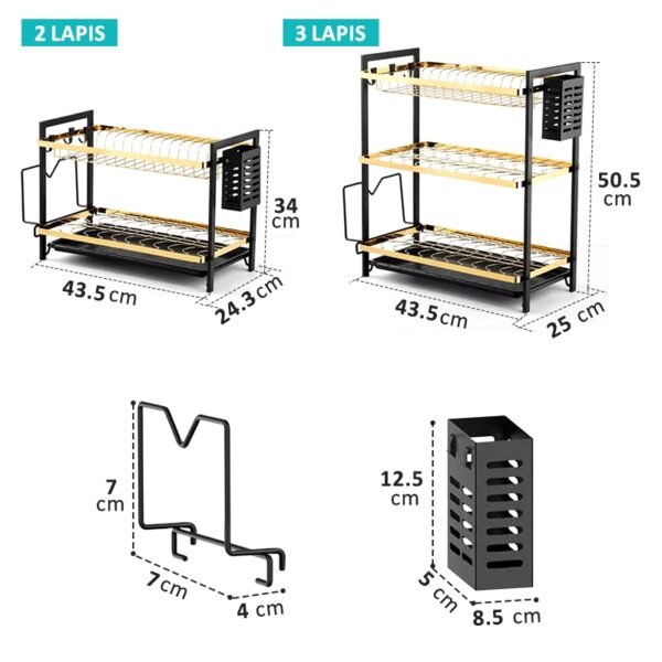 iSPECLE 2/3 Tingkat Rak Piring Stainless Steel Cuci Piring Wastafel Rak Dapur Rak Mangkuk Piring