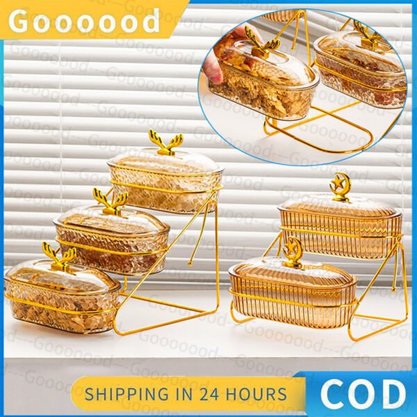 Toples buah kepala rusa emas 3 lapis, wadah camilan (dengan dudukan) / wadah kue camilan buah / toples lebaran