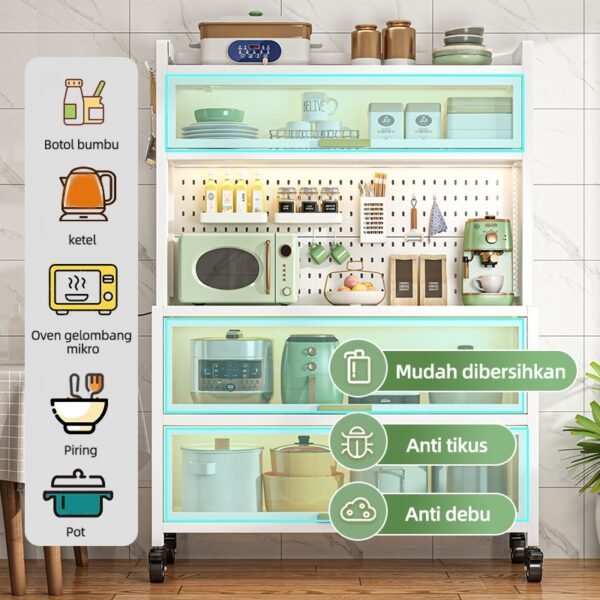 iSPECLE Rak Dapur Tertutup Lemari Dapur Dengan Pintu Rak Penyimpanan Microwave Oven Rak Multi-Lapisan Lemari Piring Lantai Berdiri Rak Dengan Roda
