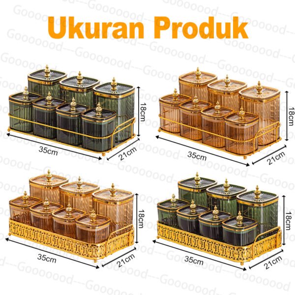 Set 7 buah toples camilan emas dengan dudukan besi emas/toples penyimpanan kue/toples kotak makanan Set toples Lebaran