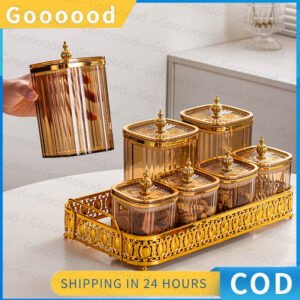 Set 7 buah toples camilan emas dengan dudukan besi emas/toples penyimpanan kue/toples kotak makanan Set toples Lebaran
