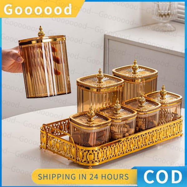 Set 7 buah toples camilan emas dengan dudukan besi emas/toples penyimpanan kue/toples kotak makanan Set toples Lebaran