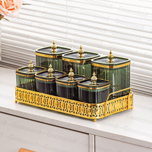 Set 7 buah toples camilan emas dengan dudukan besi emas/toples penyimpanan kue/toples kotak makanan Set toples Lebaran