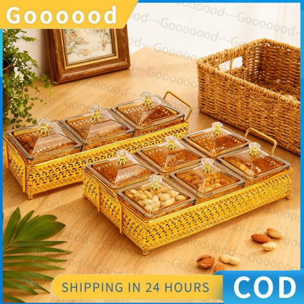 Set Plastik Emas Mewah 3/6 buah untuk Buah Kering dan Camilan, Termasuk Baki/Wadah Makanan Tahan Debu Bertutup/Kotak Camilan Meja Kopi Ruang Tamu Pernikahan