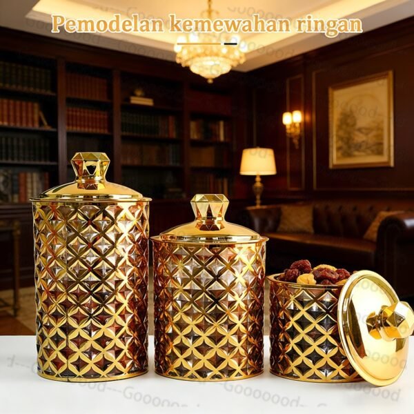 Stoples makanan serbaguna / Stoples akrilik dengan segel berlian / Stoples tertutup rapat / Stoples emas / Stoples Idul Fitri / Stoples Lebaran Emas Toples Mewa
