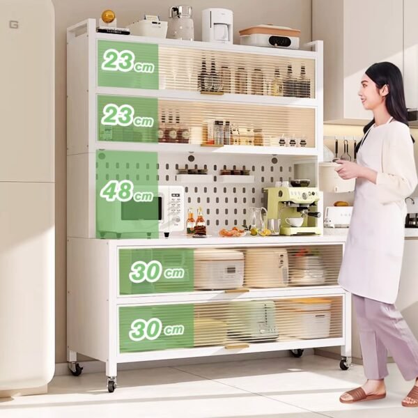 iSPECLE Rak Dapur Tertutup Lemari Dapur Dengan Pintu Rak Penyimpanan Microwave Oven Rak Multi-Lapisan Lemari Piring Lantai Berdiri Rak Dengan Roda