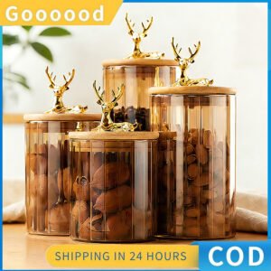 Stoples Biskuit Kedap Udara Kaca Bening Emas dengan Tutup Kayu / Wadah Makanan Serbaguna / Wadah Penyimpanan Makanan Emas / Stoples Kaca / Wadah Kedap Udara /Lebaran Toples