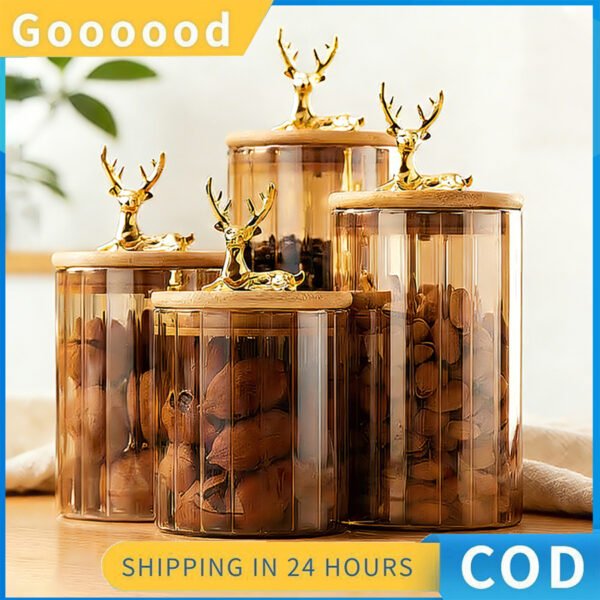 Stoples Biskuit Kedap Udara Kaca Bening Emas dengan Tutup Kayu / Wadah Makanan Serbaguna / Wadah Penyimpanan Makanan Emas / Stoples Kaca / Wadah Kedap Udara /Lebaran Toples