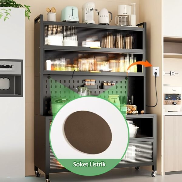 iSPECLE Rak Dapur Tertutup Lemari Dapur Dengan Pintu Rak Penyimpanan Microwave Oven Rak Multi-Lapisan Lemari Piring Lantai Berdiri Rak Dengan Roda