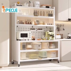 iSPECLE Rak Dapur Tertutup Lemari Dapur Dengan Pintu Rak Penyimpanan Microwave Oven Rak Multi-Lapisan Lemari Piring Lantai Berdiri Rak Dengan Roda