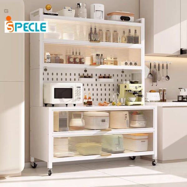 iSPECLE Rak Dapur Tertutup Lemari Dapur Dengan Pintu Rak Penyimpanan Microwave Oven Rak Multi-Lapisan Lemari Piring Lantai Berdiri Rak Dengan Roda