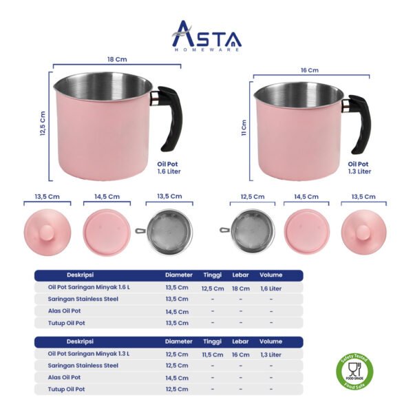 Saringan Minyak Stainless - Filter Rapat SUS 304 - Oil Pot 1.3 & 1.6 Liter Pink | Asta Homeware