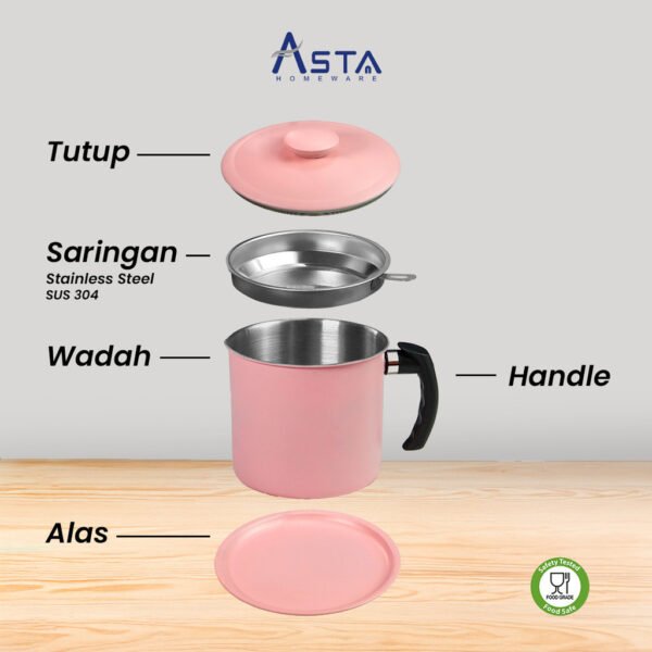 Saringan Minyak Stainless - Filter Rapat SUS 304 - Oil Pot 1.3 & 1.6 Liter Pink | Asta Homeware