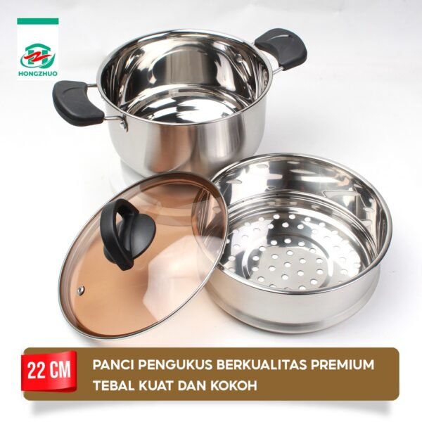 Panci Kukus Panci Mpasi Steam Pot 2 Tingkat Full Stainless Steel 22cm Tutup Kaca