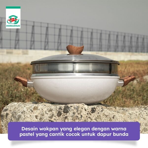 [2IN1] Wokpan + Glass Lid Panci Kukus 32 CM White Dandang Steamer Anti Lengket