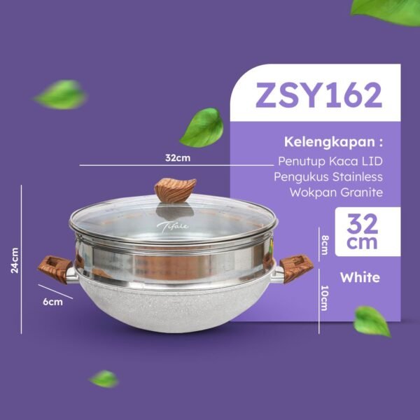 [2IN1] Wokpan + Glass Lid Panci Kukus 32 CM White Dandang Steamer Anti Lengket