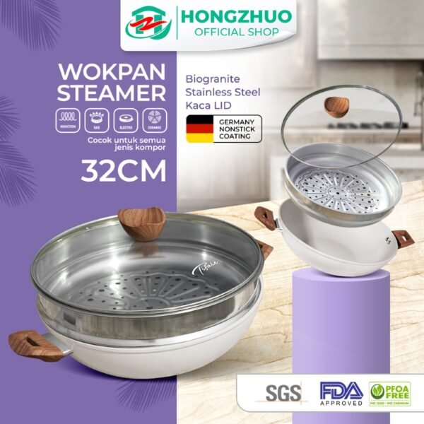 [2IN1] Wokpan + Glass Lid Panci Kukus 32 CM White Dandang Steamer Anti Lengket
