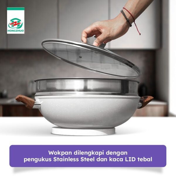 [2IN1] Wokpan + Glass Lid Panci Kukus 32 CM White Dandang Steamer Anti Lengket