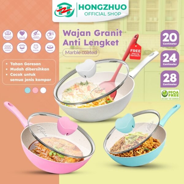 Wok Pan 20cm 24cm 28cm Panci Penggorengan Wokpan White Marble Pastel/Panci Masak Sayur Anti Lengket Panci Mpasi
