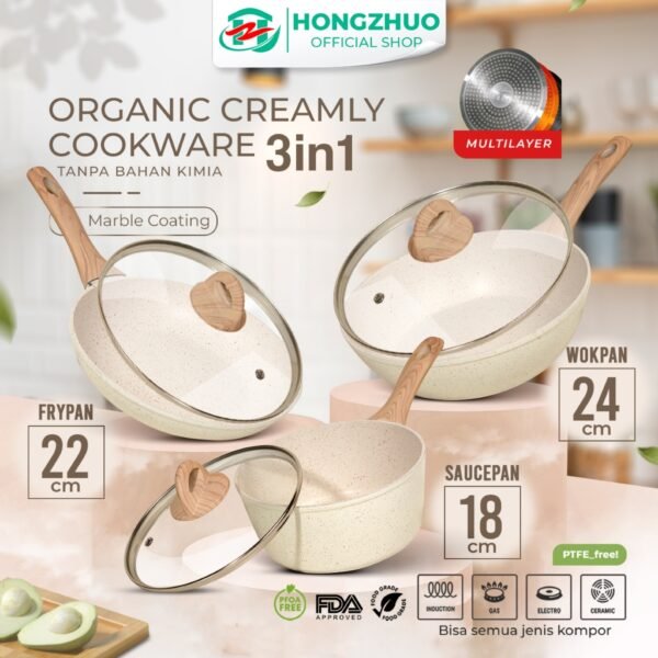 3in1 Organic Creamly Cookware Marble Coated Anti lengket Handle Bakelite Silicone Anti Leleh Avocado Pan Panci Mpasi