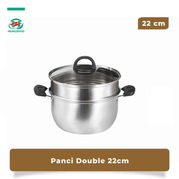 Panci Kukus Panci Mpasi Steam Pot 2 Tingkat Full Stainless Steel 22cm Tutup Kaca