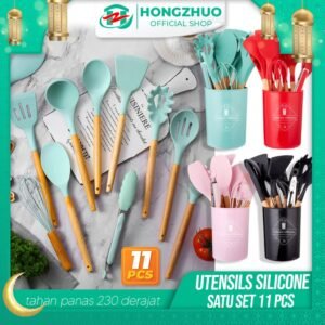 11Pcs+Wadah Spatula Peralatan Masak Sutil Pegangan Kayu Baking Set Alat Masak