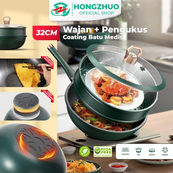 id-11134207-7r991-luq3xw137cgg46 3IN1 Emerald Green Wajan Batu Medis dengan Steamer 32 CM Anti Lengket Hijau Premium Panci Kukus Serba Guna 32cm Kitchenware
