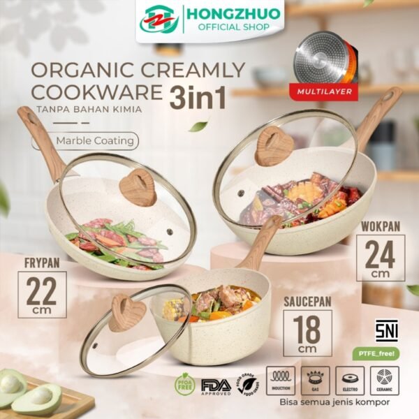 3in1 Organic Creamly Cookware Marble Coated Anti lengket Handle Bakelite Silicone Anti Leleh Avocado Pan Panci Mpasi