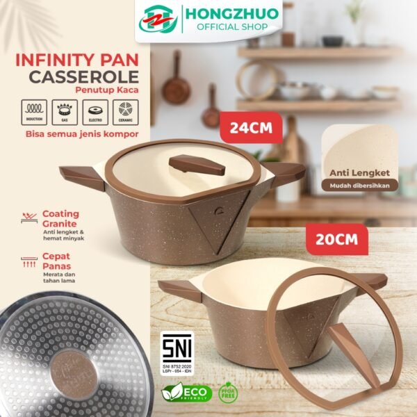 Pan Casserole 20 CM  24 CM + Lid Kaca Browngranite Kualitas Premium