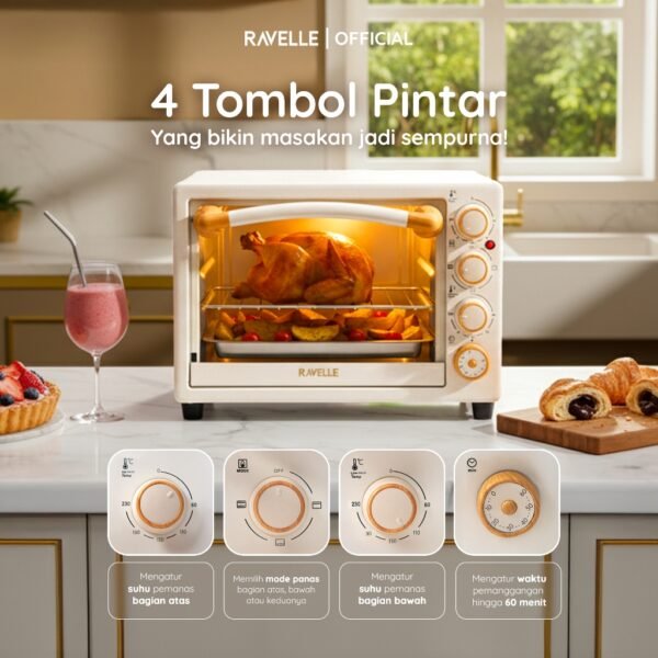 Oven Listrik 22L Elevee Low Watt 400-800W Suhu 230°C Api Atas Bawah Terpisah 4 Knob Offwhite Wood REO-22