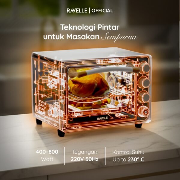 Oven Listrik 22L Elevee Low Watt 400-800W Suhu 230°C Api Atas Bawah Terpisah 4 Knob Offwhite Wood REO-22