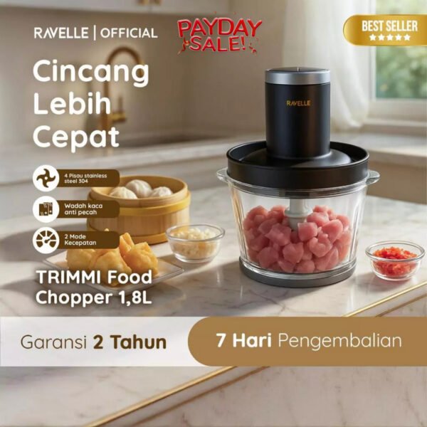Food Chopper 1.8L Kaca Tempered 6mm Pencacah Makanan SS304 4 Pisau 300W 2 Speed 25000RPM - Penghalus Bumbu dan Penggiling Daging