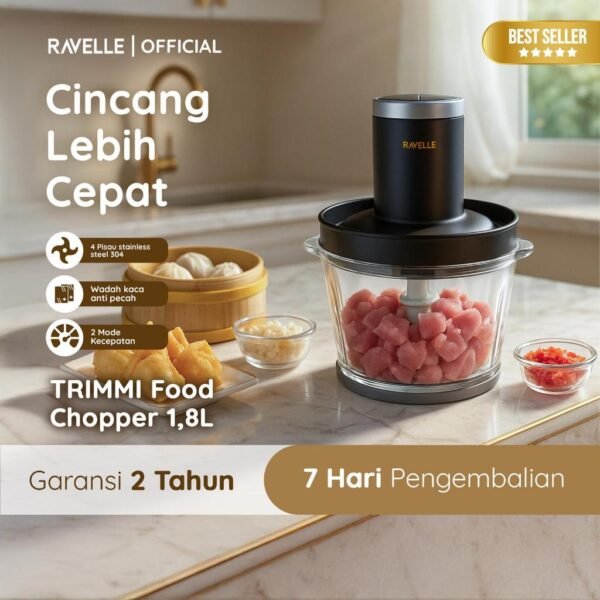 Food Chopper 1.8L Kaca Tempered 6mm Pencacah Makanan SS304 4 Pisau 300W 2 Speed 25000RPM - Penghalus Bumbu dan Penggiling Daging