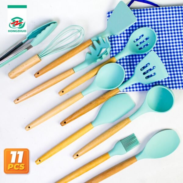 11Pcs+Wadah Spatula Peralatan Masak Sutil Pegangan Kayu Baking Set Alat Masak