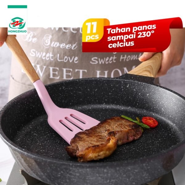 11Pcs+Wadah Spatula Peralatan Masak Sutil Pegangan Kayu Baking Set Alat Masak