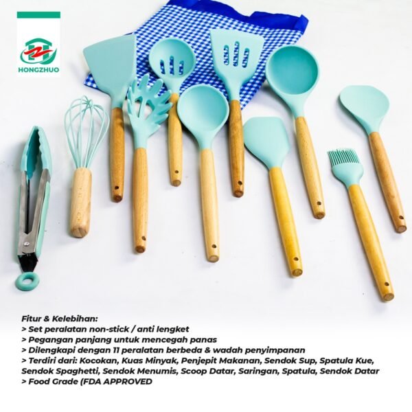 11Pcs+Wadah Spatula Peralatan Masak Sutil Pegangan Kayu Baking Set Alat Masak