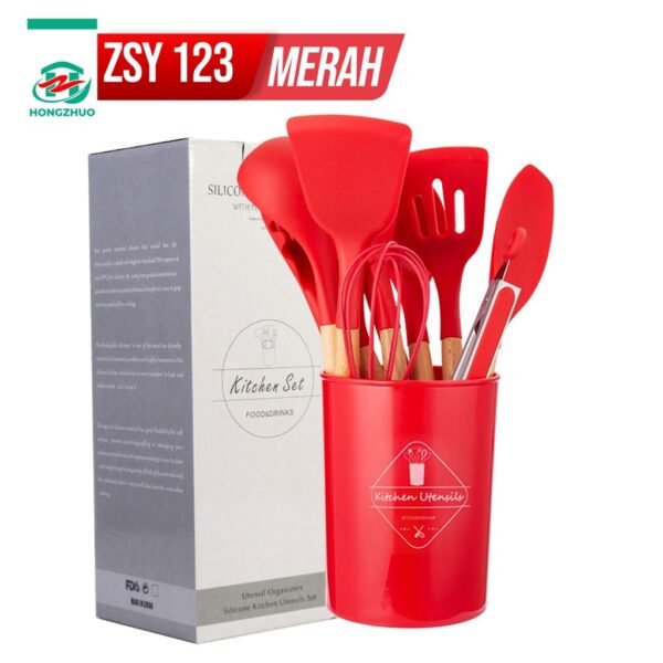 11Pcs+Wadah Spatula Peralatan Masak Sutil Pegangan Kayu Baking Set Alat Masak