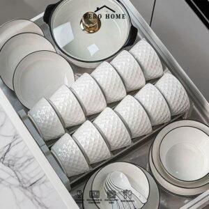 Set Piring & Mangkuk Keramik Putih Tebal List Hitam 4 Pcs